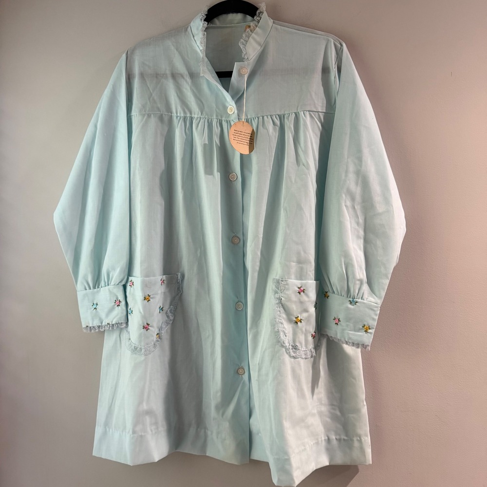 NWT Vintage Katz Bed Jacket Women Medium Blue Floral Embroidered House Coat‎